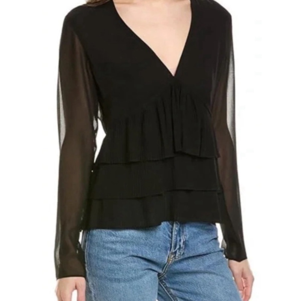 THE KOOPLES Pleated Crepe Frill Deep V-Neck Top in Black